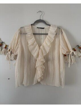 Zara Sheer Pleated Ruffled V-neck Tie Sleeve Top Cream Dainty Cottagecore M